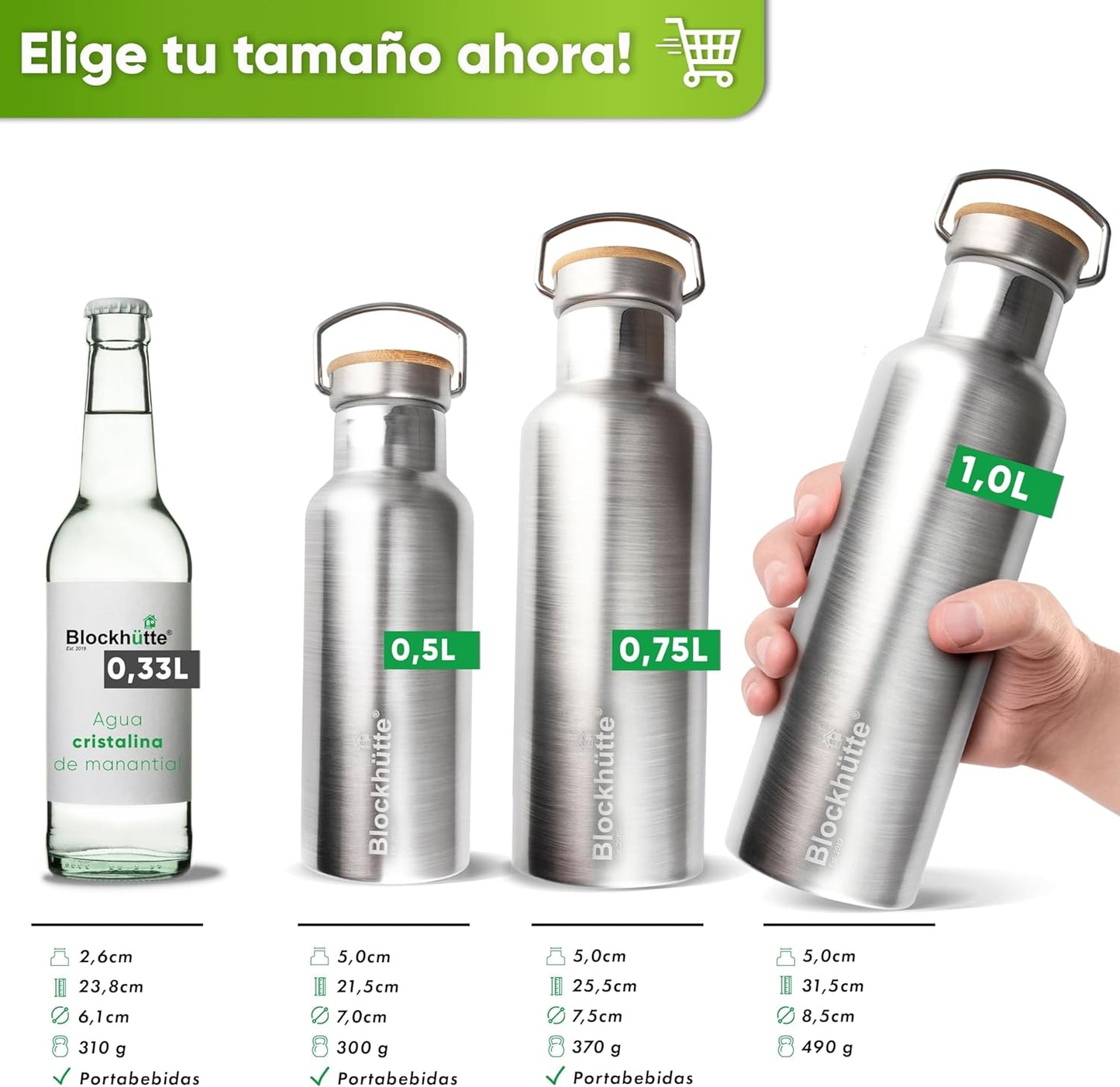 Blockhuette botella acero isotérmica 25h frío 13h caliente / opciones 500ml 750ml 1000ml